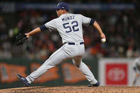 SAN FRANCISCO, CALIFORNIA – AUGUST 29: Andres Munoz #52 of the San Diego Padres pitches against the San Francisco Giants at Oracle Park on August 29, 2019 in San Francisco, California. (Photo by Ezra Shaw/Getty Images)