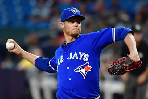 ST PETERSBURG, FLORIDA – SEPTEMBER 06: Clay Buchholz #36 of the Toronto Blue Jays pitches to the Tampa Bay Rays during the first inning of a baseball game at Tropicana Field on September 06, 2019 in St Petersburg, Florida. (Photo by Julio Aguilar/Getty Images)