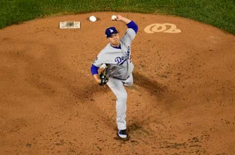 WASHINGTON, DC – OCTOBER 06: Hyun-Jin Ryu #99 of the Los Angeles Dodgers pitches in the first inning against the Washington Nationals in Game 3 of the NLDS at Nationals Park on October 6, 2019, in Washington, DC. (Photo by Patrick McDermott/Getty Images)