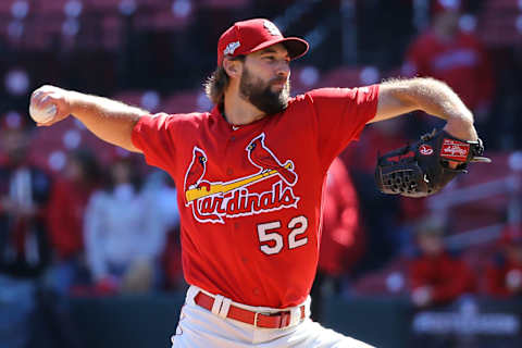 ST LOUIS, MISSOURI – OCTOBER 12: Michael Wacha #52 of the St. Louis Cardinals throws during batting practice prior to the start of game two of the National League Championship Series between the Washington Nationals and the St. Louis Cardinals at Busch Stadium on October 12, 2019 in St Louis, Missouri. (Photo by Scott Kane/Getty Images)