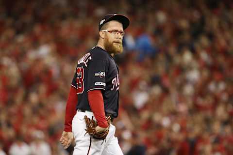 Sean Doolittle #63 of the Washington Nationals reacts as he comes out of the during game four of the National League Championship Series at Nationals Park on October 15, 2019 in Washington, DC. (Photo by Patrick Smith/Getty Images)