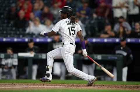 DENVER, CO – SEPTEMBER 11: Raimel Tapia #15 of the Colorado Rockies bats during the game against the St. Louis Cardinals at Coors Field on September 11, 2019, in Denver, Colorado. The Rockies defeated the Cardinals 2-1. (Photo by Rob Leiter/MLB Photos via Getty Images)