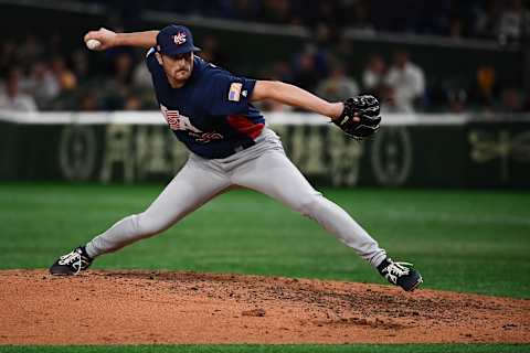 Wyatt Mills of the Seattle Mariners pitches for Team USA during the WBSC Premier 12 Super Round. (Photo by CHARLY TRIBALLEAU / AFP) (Photo by CHARLY TRIBALLEAU/AFP via Getty Images)