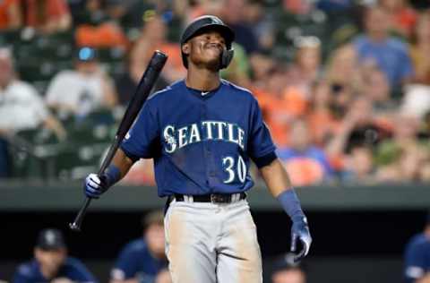 BALTIMORE, MD – SEPTEMBER 21: Kyle Lewis #30 of the Seattle Mariners reacts after striking out against the Baltimore Orioles at Oriole Park at Camden Yards on September 21, 2019 in Baltimore, Maryland. (Photo by G Fiume/Getty Images)