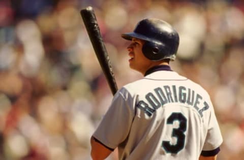 ANAHEIM – 1996: Alex Rodriguez of the Seattle Mariners looks during an MLB game versus the Los Angeles Angels at Edison International Field in Anaheim, California during the 1996 season. (Photo by Ron Vesely/MLB Photos via Getty Images)