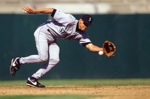 OAKLAND – 1996: Alex Rodriguez of the Seattle Mariners fields during an MLB game versus the Oakland Athletics at the Oakland Coliseum in Oakland, California during the 1996 season. (Photo by Ron Vesely/MLB Photos via Getty Images)