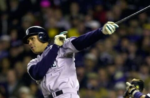 Seattle Mariners’ Alex Rodriguez hits a RBI double in the first inning against the New York Yankees in game six of the American League Championship Series 17 October, 2000 at Yankee Stadium in New York. The Yankees are one game away from winning the series and advancing to the World Series against the New York Mets. AFP PHOTO Henny Ray ABRAMS (Photo by HENNY RAY ABRAMS / AFP) (Photo by HENNY RAY ABRAMS/AFP via Getty Images)