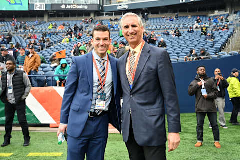 SEATTLE, WA – FEBRUARY 15: President Ryan Gustafson of the Seattle Dragons and XFL Commissioner Oliver Luck pose for a photo. (Mariners) (Photo by Rod Mar/XFL via Getty Images)