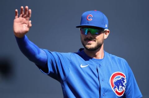 PEORIA, ARIZONA – FEBRUARY 24: Kris Bryant #17 of the Chicago Cubs waves to fans during the MLB spring training game against the Seattle Mariners at Peoria Stadium on February 24, 2020 in Peoria, Arizona. (Photo by Christian Petersen/Getty Images)