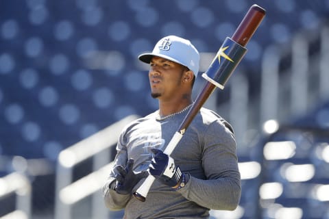 WEST PALM BEACH, FLORIDA – FEBRUARY 28: Wander Franco of the Tampa Bay Rays prior to a spring training game. He is teammates with Julio Rodriguez (Mariners) and Fernando Rodney. (Photo by Michael Reaves/Getty Images)