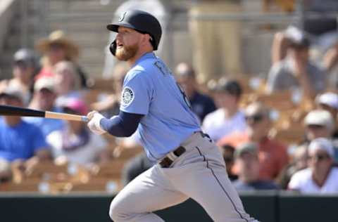 GLENDALE, ARIZONA – FEBRUARY 27: Jake Fraley #8 of the Seattle Mariners bats against the Chicago White Sox on February 27, 2020, at Camelback Ranch in Glendale Arizona. (Photo by Ron Vesely/Getty Images)