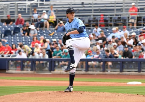 PEORIA, ARIZONA – MARCH 10: : Logan Gilbert #86 of the Seattle Mariners delivers a pitch against the Los Angeles Angels during a spring training game at Peoria Stadium on March 10, 2020 in Peoria, Arizona. (Photo by Norm Hall/Getty Images)