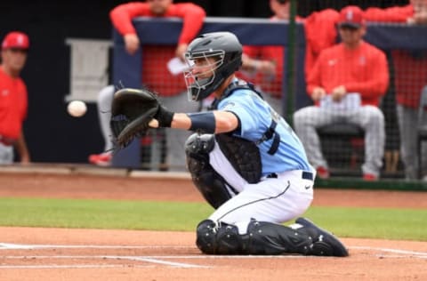 PEORIA, ARIZONA – MARCH 10: Tom Murphy #2 of the Seattle Mariners catches a pitch during a spring training game against the Los Angeles Angels at Peoria Stadium on March 10, 2020 in Peoria, Arizona. (Photo by Norm Hall/Getty Images)