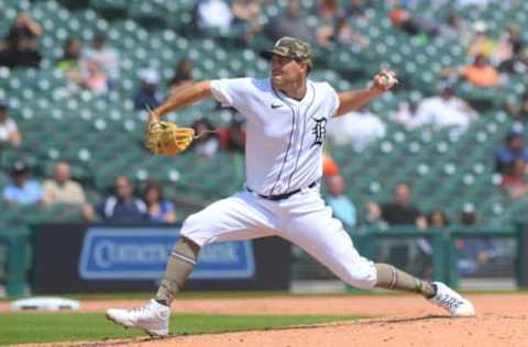 DETROIT, MI – MAY 16: Matthew Boyd #48 of the Detroit Tigers pitches during the game against the Chicago Cubs at Comerica Park on May 16, 2021 in Detroit, Michigan. The Cubs defeated the Tigers 5-1. Players and coaches from both teams are wearing green camouflage hats and some also socks to celebrate Armed Forces Day. (Photo by Mark Cunningham/MLB Photos via Getty Images)