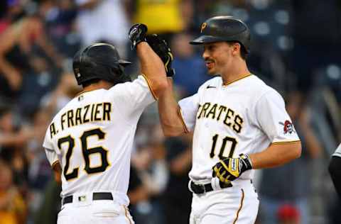 PITTSBURGH, PA – JUNE 19: Bryan Reynolds #10 of the Pittsburgh Pirates celebrates his three-run home run with Adam Frazier #26 during the seventh inning against the Cleveland Indians at PNC Park on June 19, 2021 in Pittsburgh, Pennsylvania. (Photo by Joe Sargent/Getty Images)