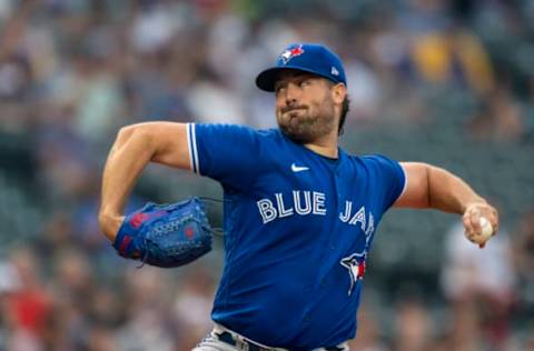 SEATTLE, WA – AUGUST 13: Starter Robbie Ray #38 of the Toronto Blue Jays delivers a pitch during the first inning of a game at T-Mobile Park on August 13, 2021 in Seattle, Washington. (Photo by Stephen Brashear/Getty Images)