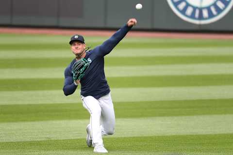 SEATTLE, WASHINGTON – JULY 03: Jarred Kelenic #58 of the Seattle Mariners looks on while participating in drills during summer workouts at T-Mobile Park on July 03, 2020 in Seattle, Washington. (Photo by Abbie Parr/Getty Images)