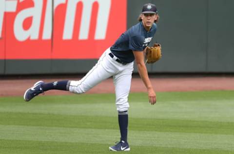 SEATTLE, WASHINGTON – JULY 03: Logan Gilbert #86 of the Seattle Mariners participates in drills (Logan Gilbert fantasy) (Photo by Abbie Parr/Getty Images)