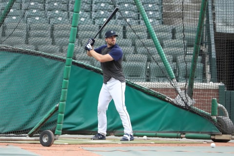 SEATTLE, WASHINGTON – JULY 08: Tom Murphy #2 of the Seattle Mariners looks on while participating in batting practice during summer workouts at T-Mobile Park on July 08, 2020 in Seattle, Washington. (Photo by Abbie Parr/Getty Images)