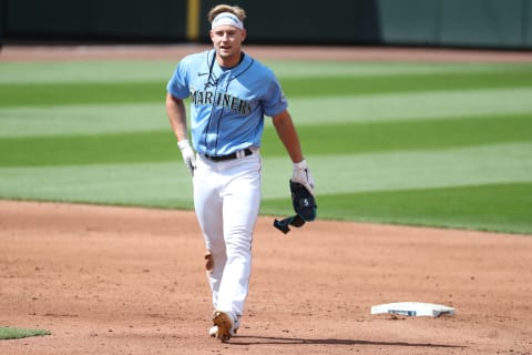 SEATTLE, WASHINGTON – JULY 12: Jarred Kelenic of the Seattle Mariners looks on. (Photo by Abbie Parr/Getty Images)