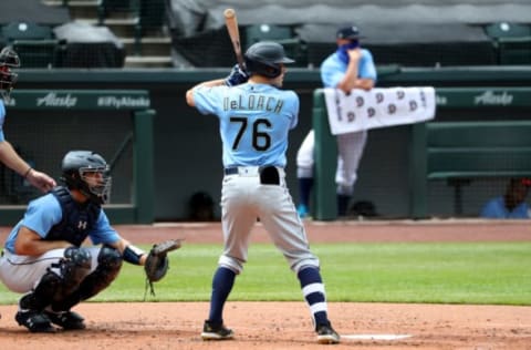 SEATTLE, WASHINGTON – JULY 12: Zach DeLoach of the Seattle Mariners at bat in an intrasquad game during summer workouts. (Photo by Abbie Parr/Getty Images)