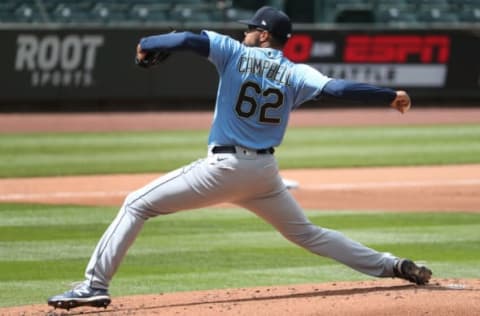 SEATTLE, WASHINGTON – JULY 12: Isaiah Campbell #62 of the Seattle Mariners pitches in the first inning during an intrasquad game during summer workouts at T-Mobile Park on July 12, 2020 in Seattle, Washington. (Photo by Abbie Parr/Getty Images)