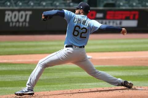 SEATTLE, WASHINGTON – JULY 12: Isaiah Campbell #62 of the Seattle Mariners pitches in the first inning during an intrasquad game during summer workouts at T-Mobile Park on July 12, 2020 in Seattle, Washington. (Photo by Abbie Parr/Getty Images)