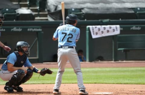 SEATTLE, WASHINGTON – JULY 12: Austin Shenton #72 of the Seattle Mariners at-bat in the second inning during an intrasquad game. (Photo by Abbie Parr/Getty Images)