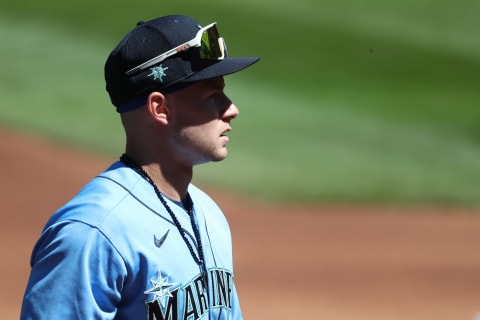 SEATTLE, WASHINGTON – JULY 13: Jarred Kelenic of the Seattle Mariners looks on prior to an intrasquad game. (Photo by Abbie Parr/Getty Images)