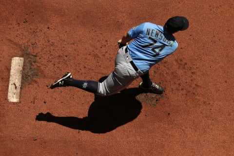 SEATTLE, WASHINGTON – JULY 13: Ljay Newsome of the Seattle Mariners warms up prior. (Photo by Abbie Parr/Getty Images)