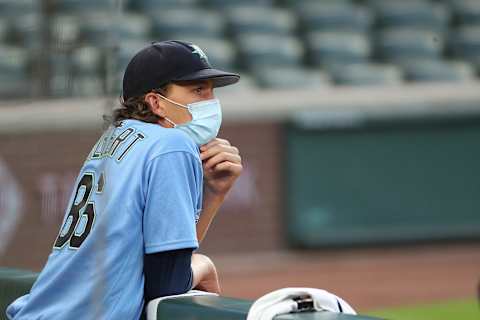 SEATTLE, WASHINGTON – JULY 18: Logan Gilbert of the Seattle Mariners watches an intrasquad game. (Photo by Abbie Parr/Getty Images)