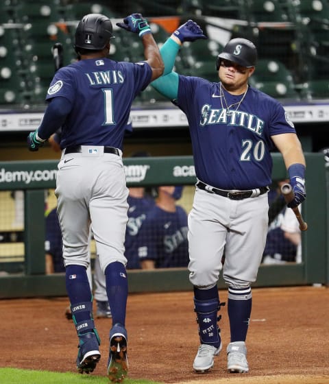 HOUSTON, TEXAS – JULY 24: Kyle Lewis of the Seattle Mariners celebrates with Daniel Vogelbach after hitting a home run off of Justin Verlander. (Photo by Bob Levey/Getty Images)