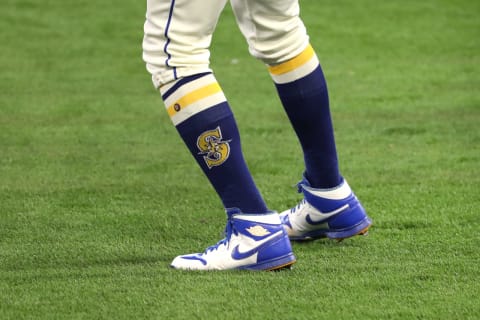 SEATTLE, WASHINGTON – AUGUST 02: A view of the Nike Air Jordan shoes worn by Kyle Lewis of the Seattle Mariners. (Photo by Abbie Parr/Getty Images)