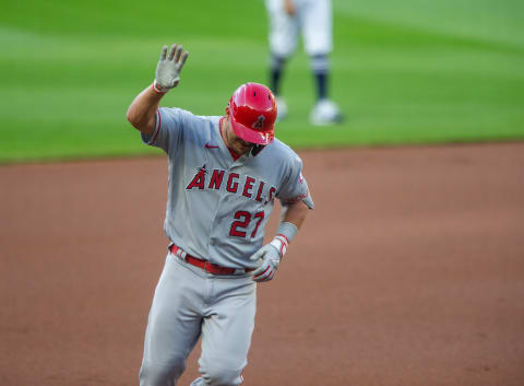 SEATTLE, WA – AUGUST 04: Mike Trout #27 of the Los Angeles Angels waves at his teammates after hitting a home run in his first at-bat on his return from paternity leave during the first inning against the Seattle Mariners at T-Mobile Park on August 4, 2020 in Seattle, Washington. The Angels beat the Mariners 5-3. (Photo by Lindsey Wasson/Getty Images)