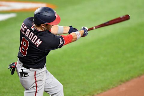 BALTIMORE, MD – AUGUST 15: Carter Kieboom of the Washington Nationals bats. The Seattle Mariners should trade for him. (Photo by G Fiume/Getty Images)