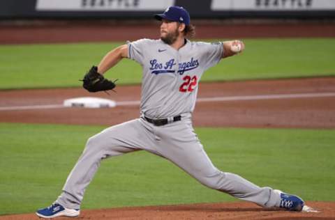 SEATTLE, WASHINGTON – AUGUST 20: Clayton Kershaw #22 of the Los Angeles Dodgers pitches in the first inning against the Seattle Mariners at T-Mobile Park on August 20, 2020 in Seattle, Washington. (Photo by Abbie Parr/Getty Images)