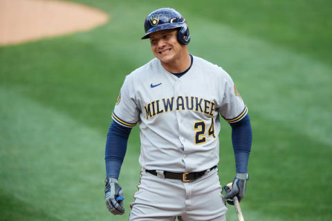 MINNEAPOLIS, MINNESOTA – AUGUST 20: Avisail Garcia #24 of the Milwaukee Brewers reacts in an at bat against the Minnesota Twins during the game at Target Field on August 20, 2020 in Minneapolis, Minnesota. Garcia is a possible trade target for the Seattle Mariners. (Photo by Hannah Foslien/Getty Images)