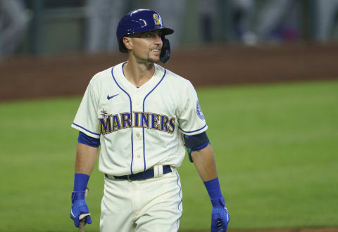 SEATTLE, WA – AUGUST 23: Braden Bishop #5 of the Seattle Mariners walks off the field after an at-bat during a game against the Texas Rangersat T-Mobile Park on August 23, 2020 in Seattle, Washington. The Mariners won 4-1. (Photo by Stephen Brashear/Getty Images)