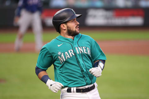 SEATTLE, WASHINGTON – SEPTEMBER 04: Luis Torrens of the Seattle Mariners reacts after hitting a ground out.(Photo by Abbie Parr/Getty Images)