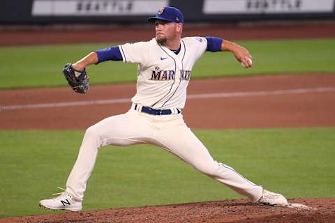 SEATTLE, WASHINGTON – SEPTEMBER 06: Anthony Misiewicz of the Seattle Mariners pitches against the Texas Rangers. (Photo by Abbie Parr/Getty Images)