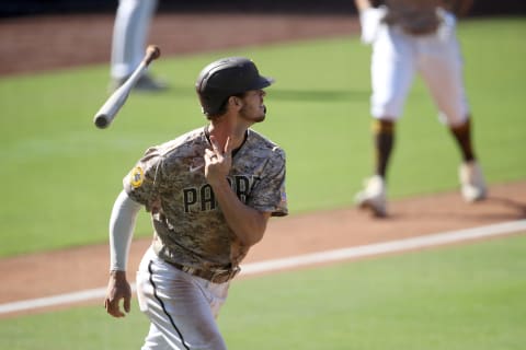 SAN DIEGO, CALIFORNIA – SEPTEMBER 20: Wil Myers #4 of the San Diego Padres watches his three-run homerun during the sixth inning of a game against the Seattle Mariners at PETCO Park on September 20, 2020 in San Diego, California. The game was moved to San Diego due to air quality concerns in Seattle from the wildfires. (Photo by Sean M. Haffey/Getty Images)