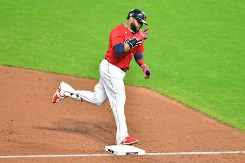 Carlos Santana #41 of the Cleveland Indians rounds third on a two-run homer during the sixth inning against the Chicago White Sox at Progressive Field on September 21, 2020 in Cleveland, Ohio. (Photo by Jason Miller/Getty Images)