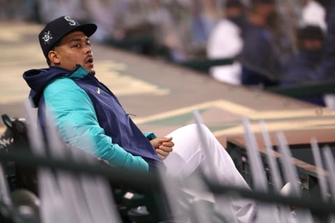 Justus Sheffield of the Seattle Mariners watches play. (Photo by Abbie Parr/Getty Images)