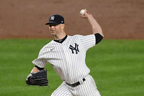 J.A. Happ #33 of the New York Yankees pitches during the third inning against the Miami Marlins at Yankee Stadium on September 25, 2020 in the Bronx borough of New York City. (Photo by Sarah Stier/Getty Images)