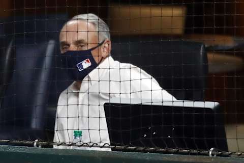 ARLINGTON, TEXAS – OCTOBER 07: Commissioner of Baseball Rob Manfred attends Game Two of the National League Division Series. Seattle Mariners. (Photo by Ronald Martinez/Getty Images)