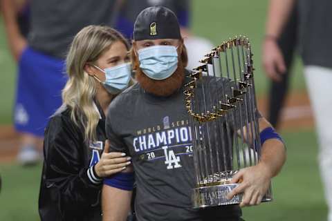 ARLINGTON, TEXAS – OCTOBER 27: Justin Turner of the Dodgers and his wife celebrate. This was a very controversial moment and the Seattle Mariners should not pursue Turner. (Photo by Tom Pennington/Getty Images)