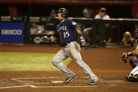 PHOENIX, AZ – SEPTEMBER 11: Dylan Moore #25 of the Seattle Mariners bats during the game against the Arizona Diamondbacks at Chase Field on September 11, 2020 in Phoenix, Arizona. The Diamondbacks defeated the Mariners 4-3. (Photo by Rob Leiter/MLB Photos via Getty Images)