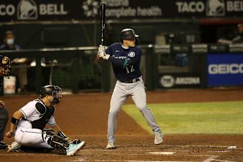 PHOENIX, AZ – SEPTEMBER 11: Evan White #12 of the Seattle Mariners bats during the game against the Arizona Diamondbacks at Chase Field on September 11, 2020 in Phoenix, Arizona. The Diamondbacks defeated the Mariners 4-3. (Photo by Rob Leiter/MLB Photos via Getty Images)