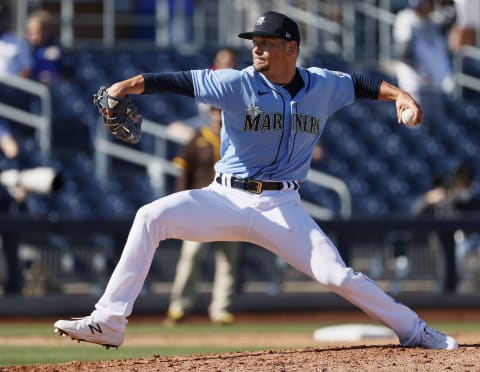 PEORIA, ARIZONA – FEBRUARY 28: Anthony Misiewicz of the Seattle Mariners bullpen pitches (All-Star predictions). (Photo by Steph Chambers/Getty Images)