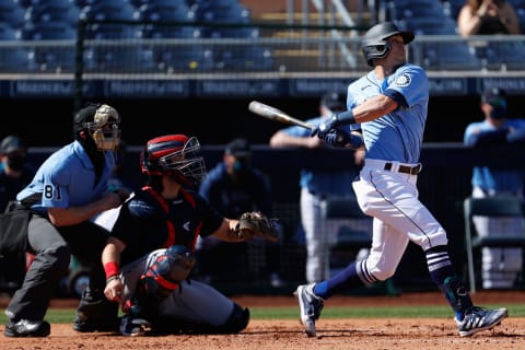 PEORIA, ARIZONA – MARCH 02: Sam Haggerty of the Seattle Mariners hits. (Photo by Christian Petersen/Getty Images)